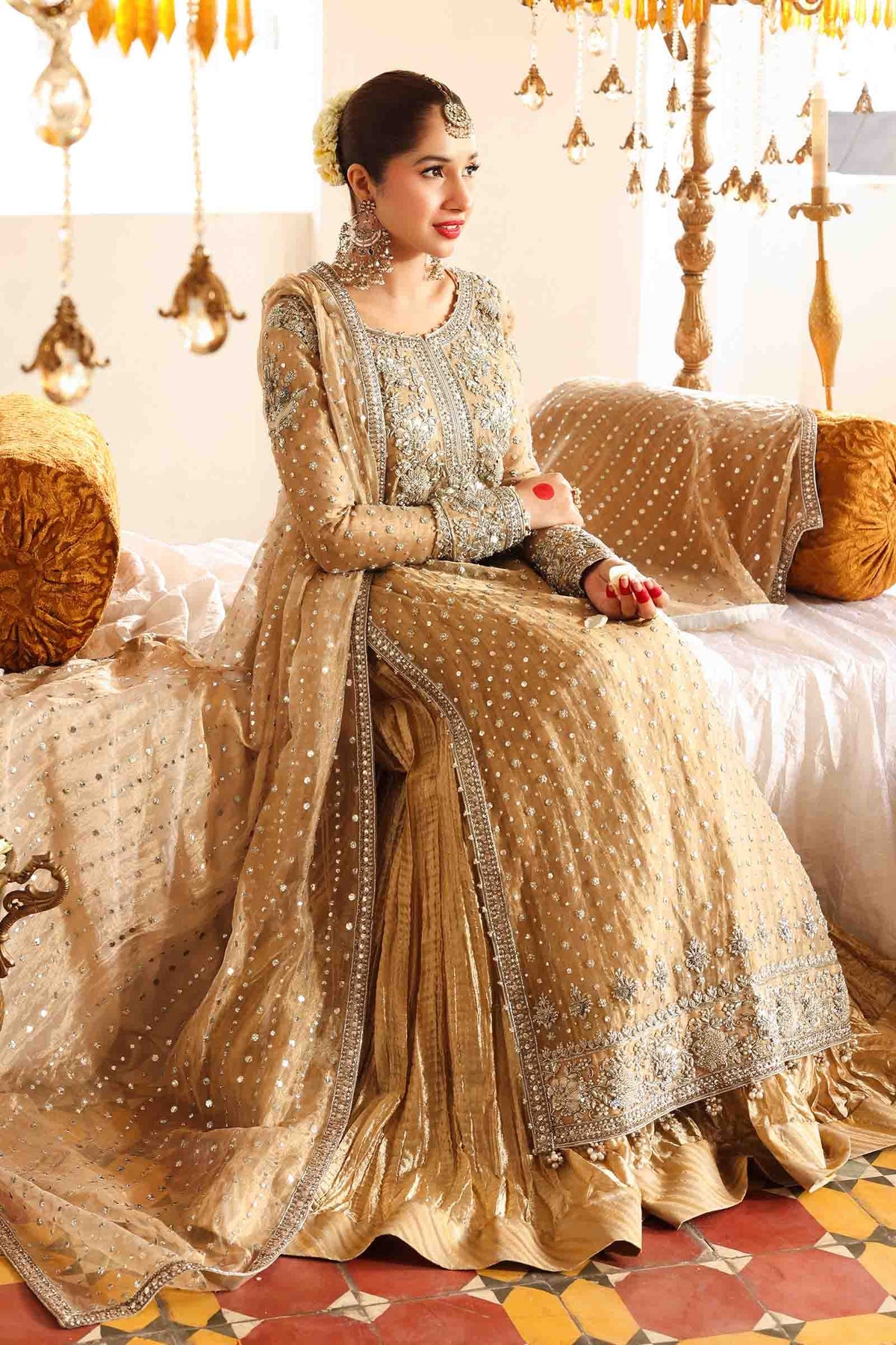 Gold Embroidered Pure Tissue Sharara Set (3-Piece) - Image 6