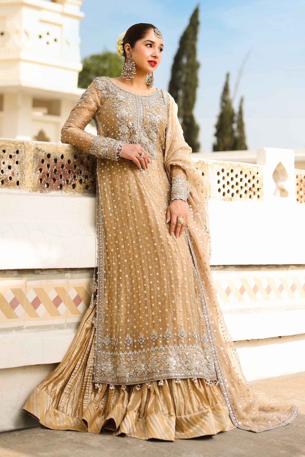 Gold Embroidered Pure Tissue Sharara Set (3-Piece) - Image 9