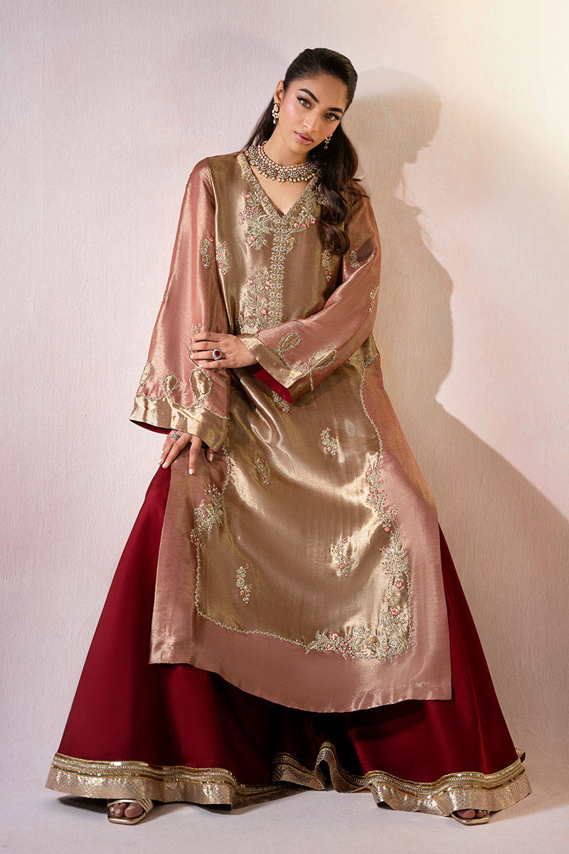 Pakistani Copper & Rose Gold Embroidered Pure Tissue Sharara (3-Piece) - Image 1