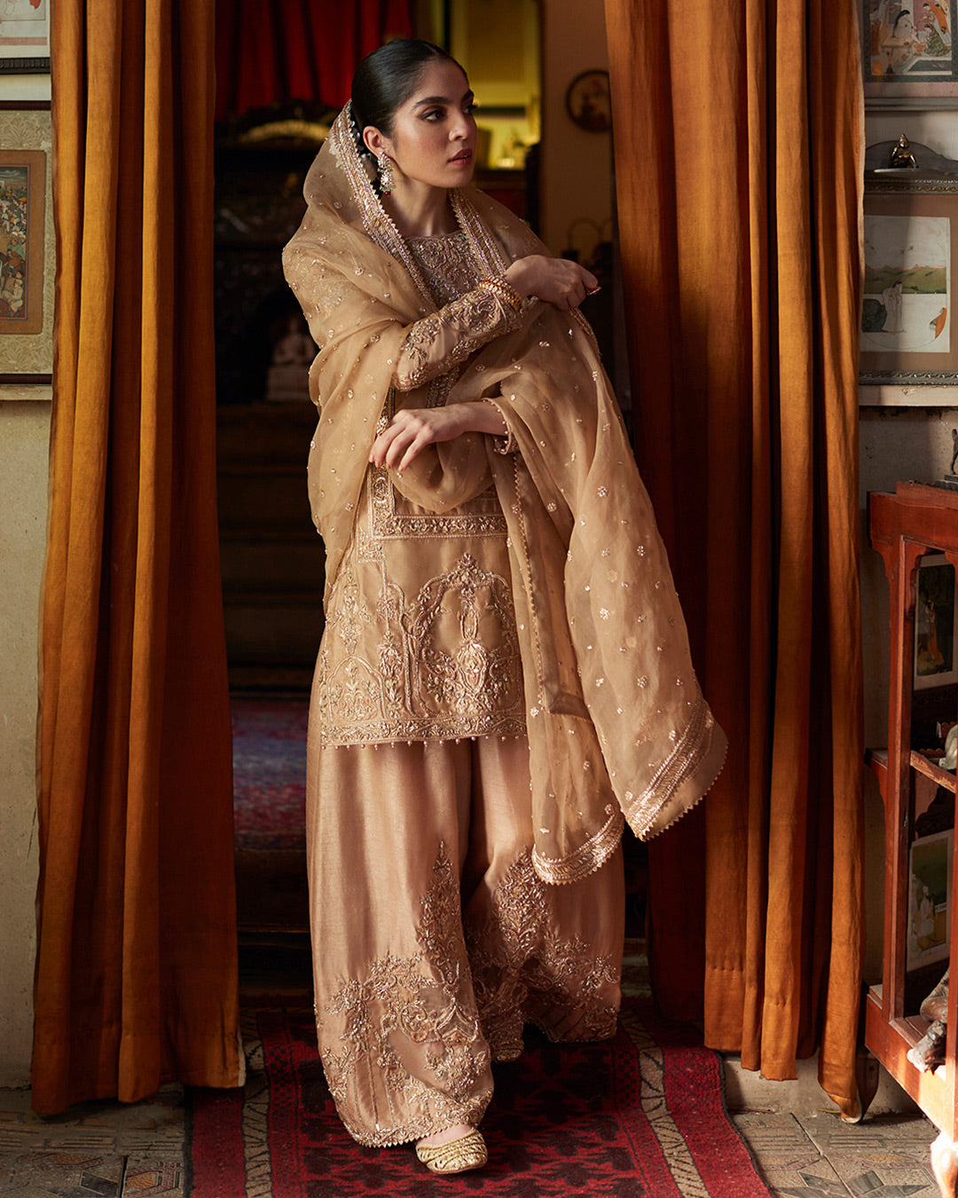 Pakistani Gold Copper Embroidered Raw Silk Sharara (3-Piece) - Image 5