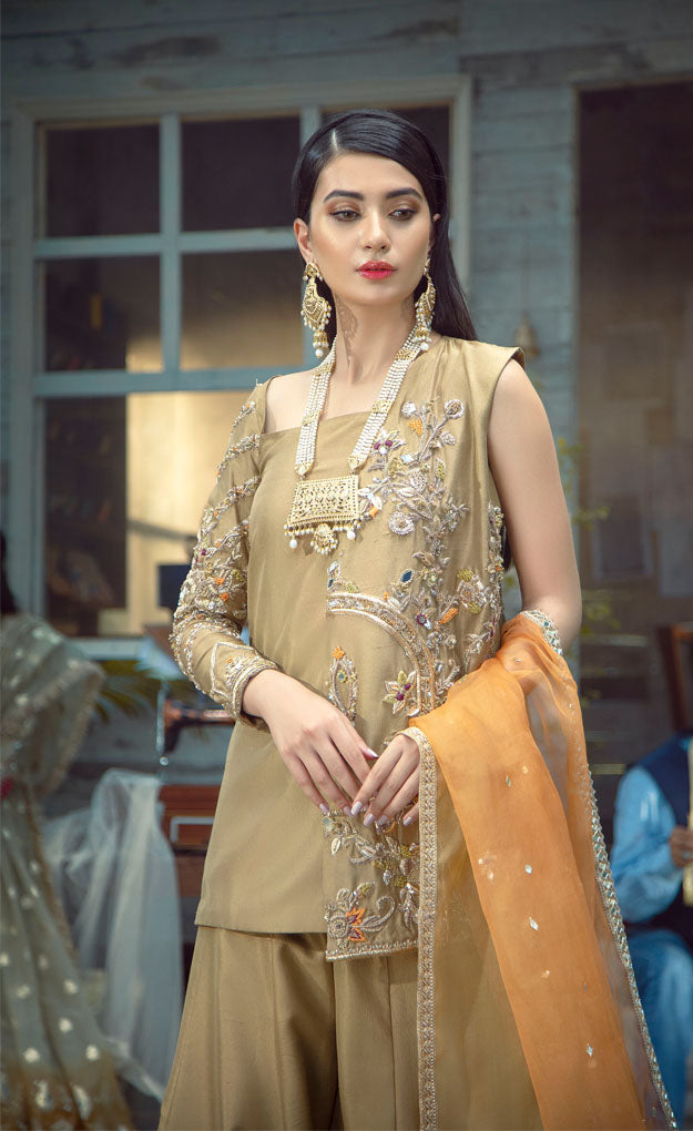 Pakistani Gold Embroidered Pure Raw Silk Sharara (3-Piece) - Image 3