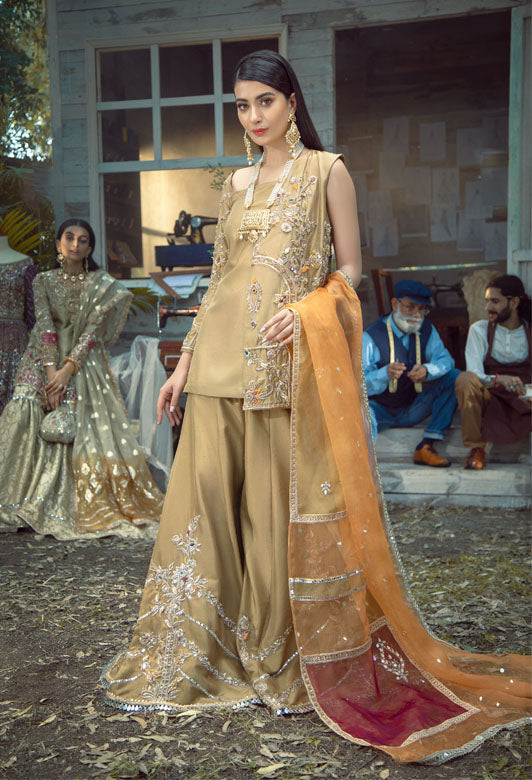 Pakistani Gold Embroidered Raw Silk Sharara Set (3-Piece) - Image 1