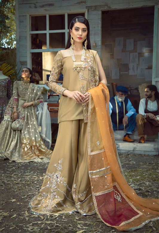 Pakistani Gold Embroidered Raw Silk Sharara Set (3-Piece) - Image 4