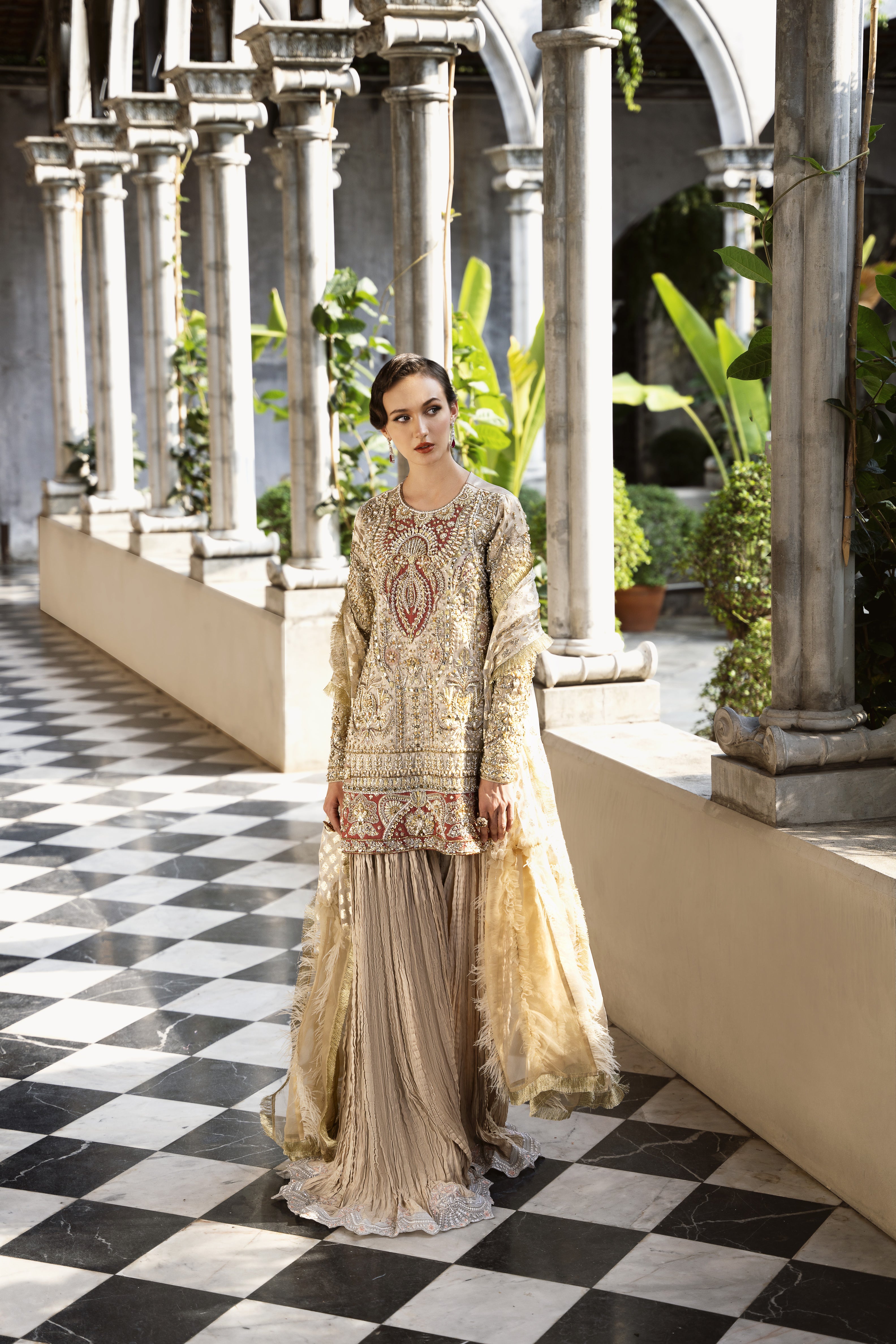 Dust Gold Embroidered Tissue & Raw Silk Sharara (3-Piece) - Image 1