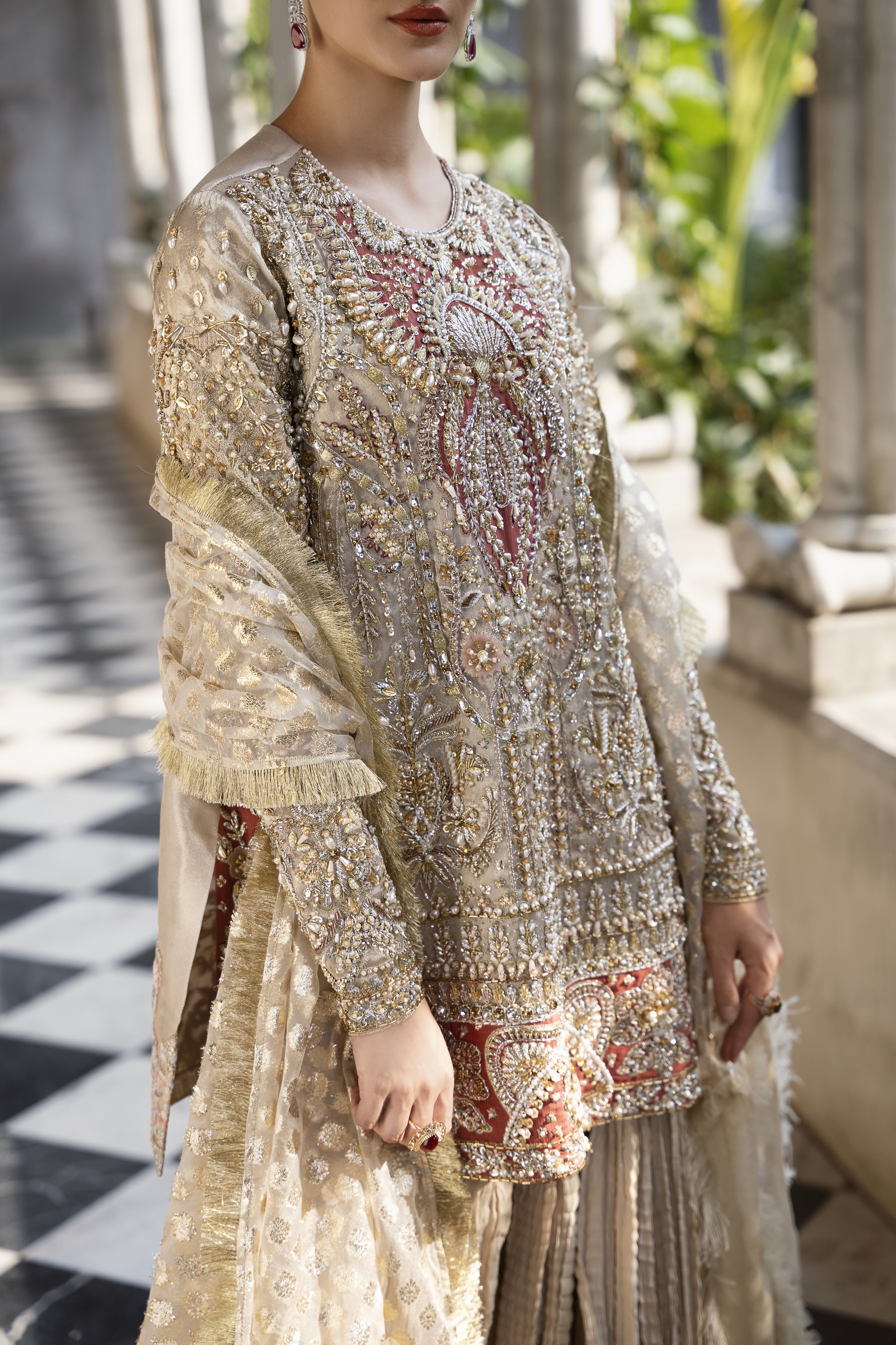 Dust Gold Embroidered Tissue & Raw Silk Sharara (3-Piece) - Image 3