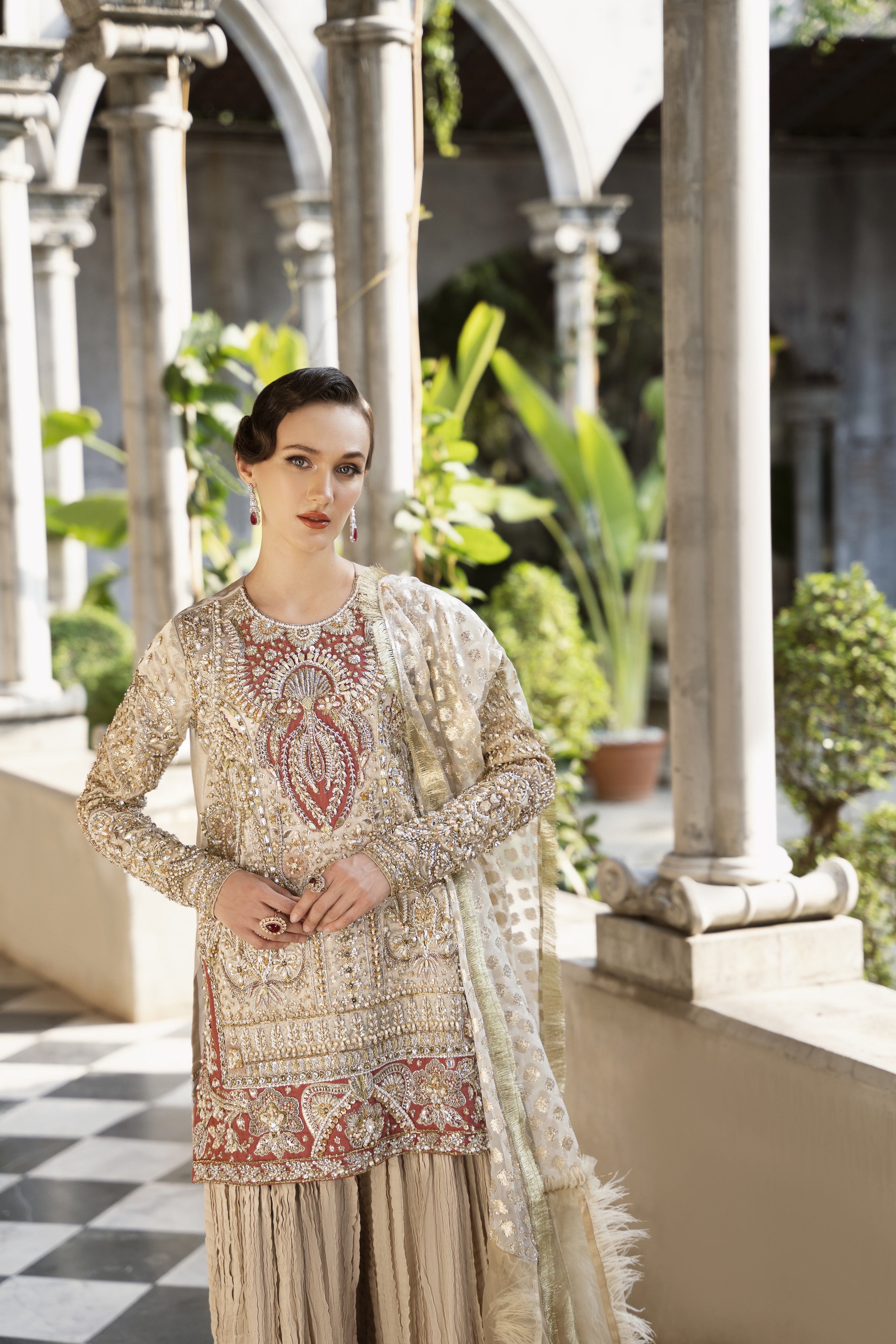 Dust Gold Embroidered Tissue & Raw Silk Sharara (3-Piece) - Image 4