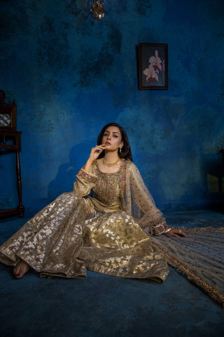 Pakistani Pastel Gold Embroidered Sharara Set (3-Piece) - Image 7