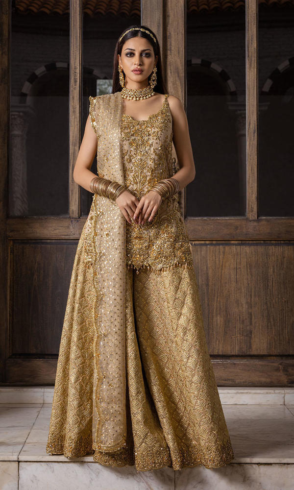 Gold Embellished Silk-Blend Sharara Set (3-Piece) - Image 2