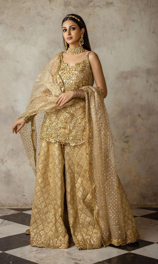 Gold Embellished Silk-Blend Sharara Set (3-Piece) - Image 7