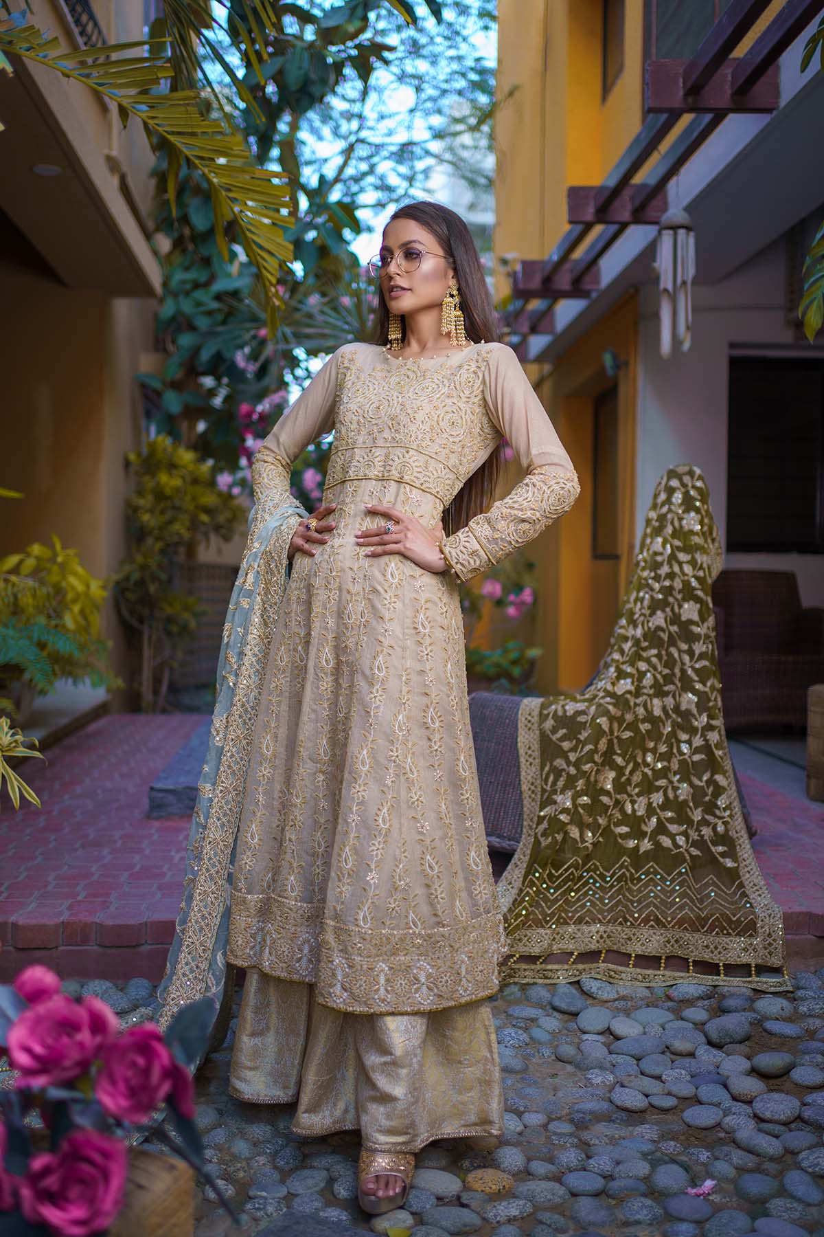 Pakistani Rose Gold Embroidered Net Organza Sharara (3-Piece) - Image 1