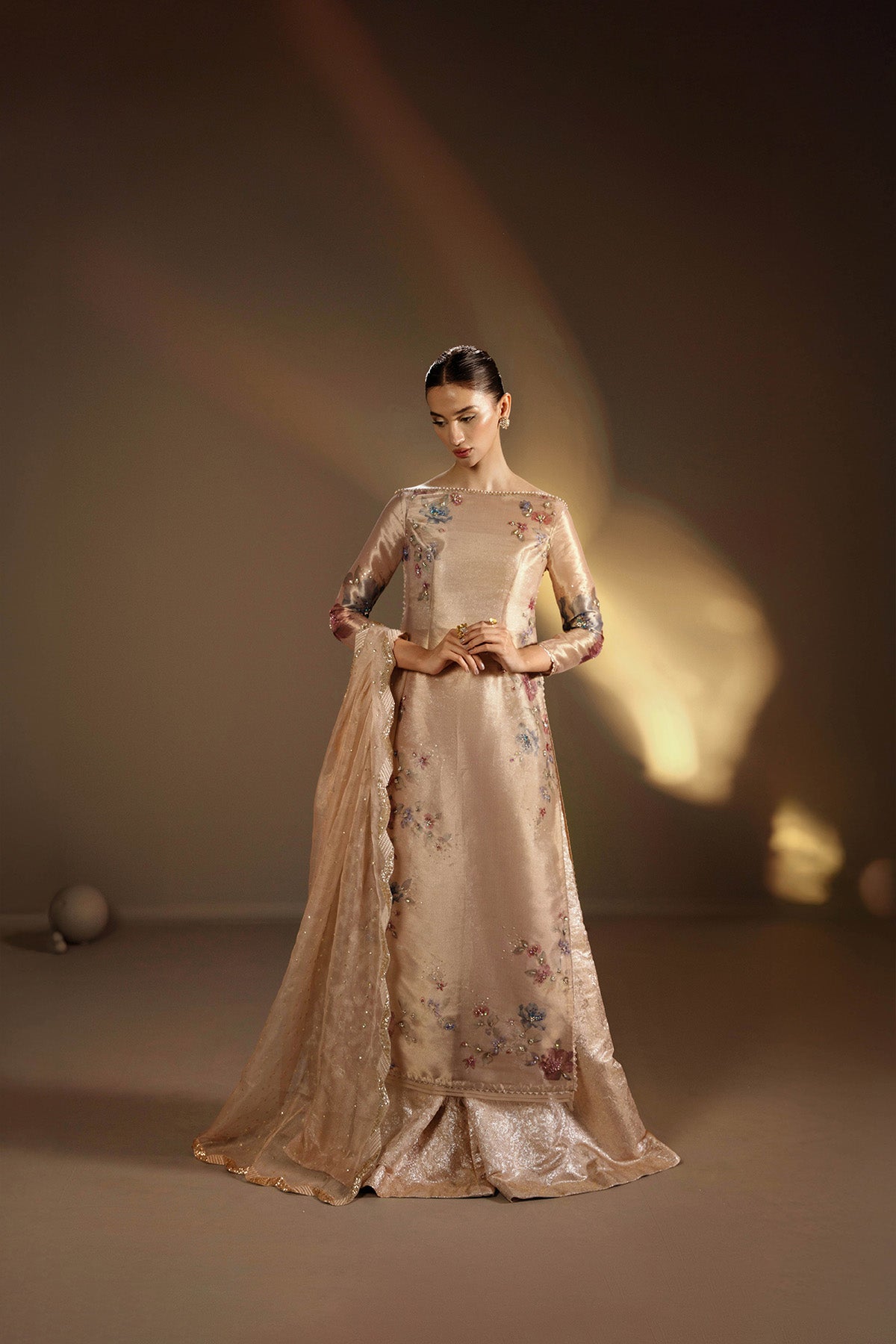 Pakistani Champagne Zardozi Tissue Sharara Set (3-Piece) - Image 2