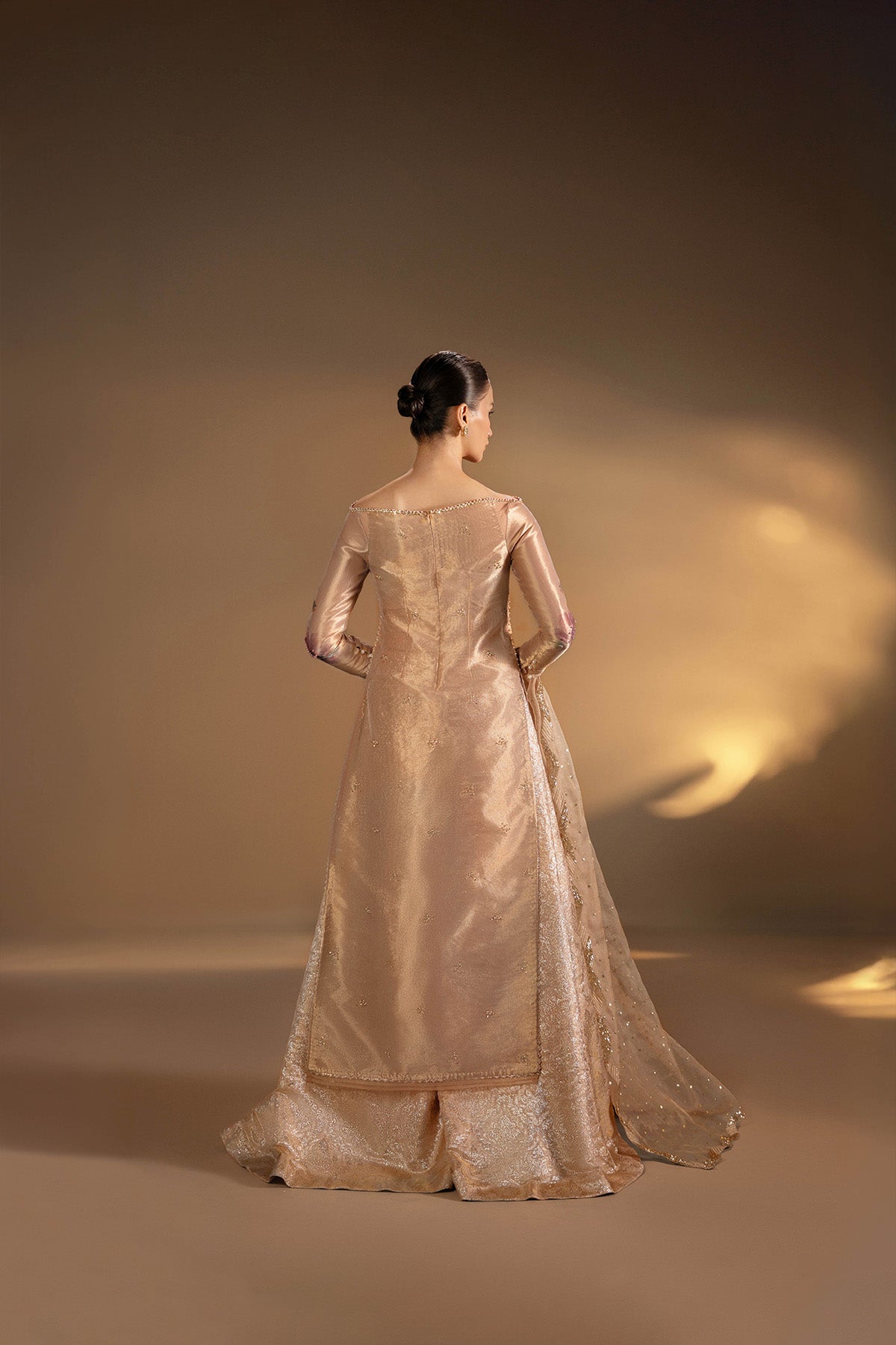 Pakistani Champagne Zardozi Tissue Shirt & Silk Brocade Sharara (3-Piece) - Image 3