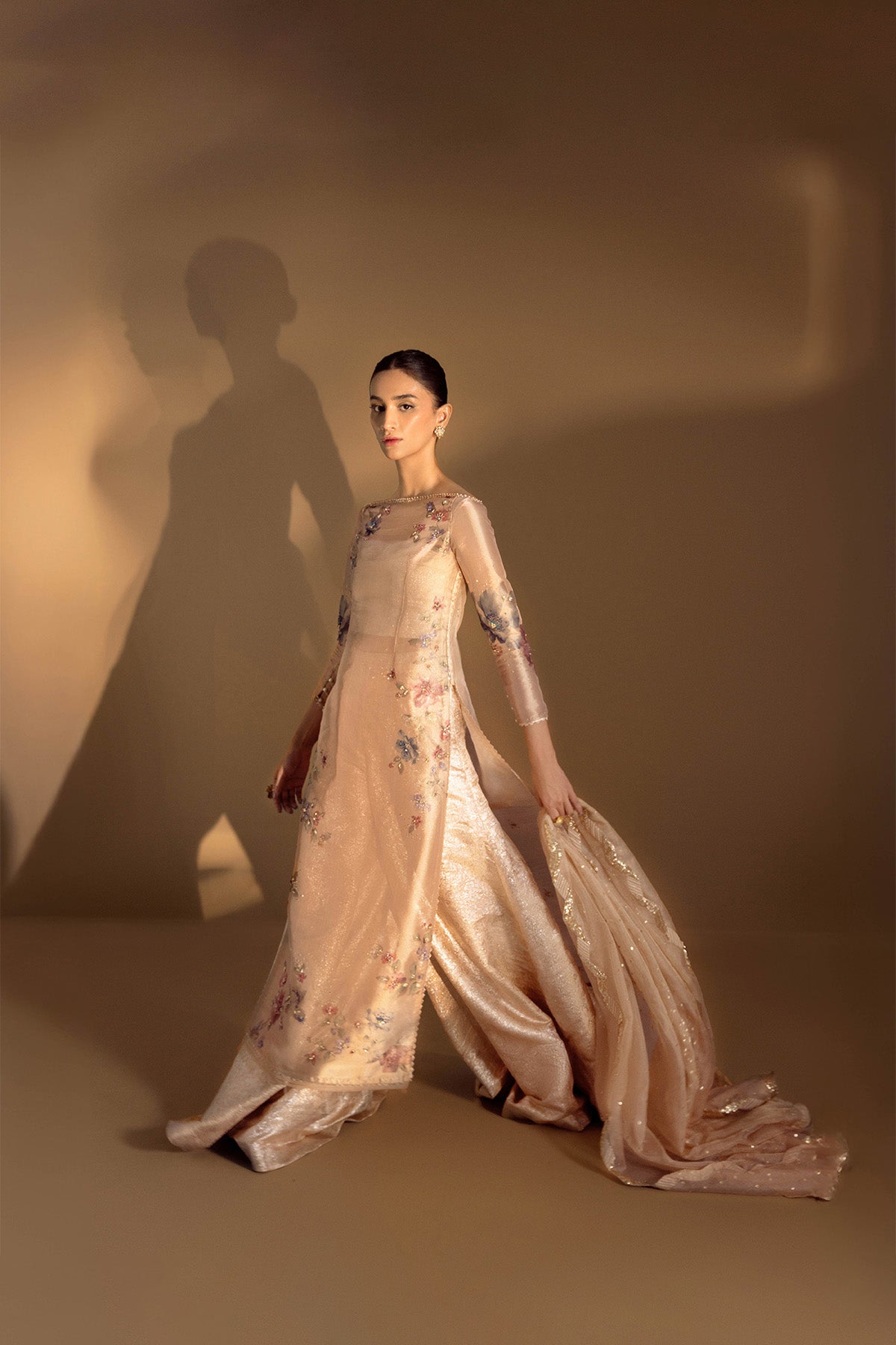 Pakistani Champagne Zardozi Tissue Shirt & Silk Brocade Sharara (3-Piece) - Image 4