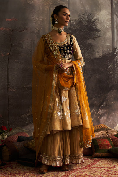 Gold Yellow Embroidered Silk Crinkle Anarkali Sharara (4-Piece) - Image 1