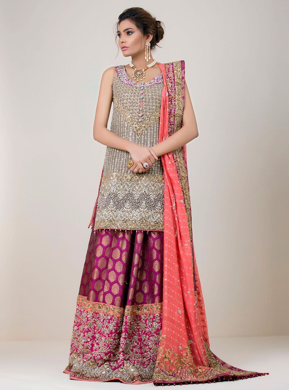 Pakistani Champagne Embellished Silk Jamawar Sharara (3-Piece) - Image 1