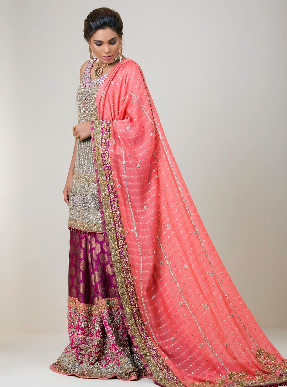 Pakistani Champagne Embellished Silk Jamawar Sharara (3-Piece) - Image 2