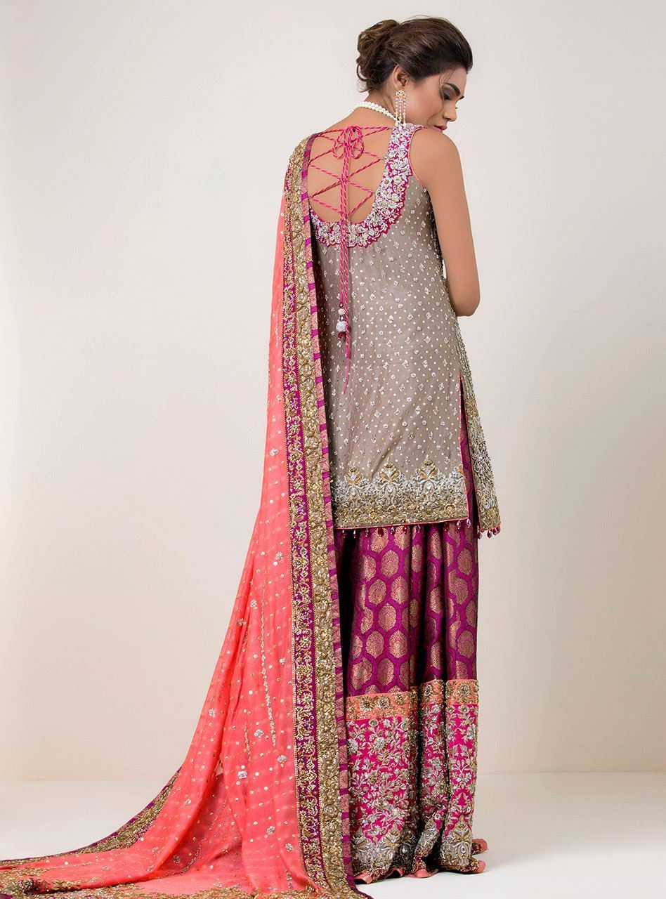 Pakistani Champagne Embellished Silk Jamawar Sharara (3-Piece) - Image 3