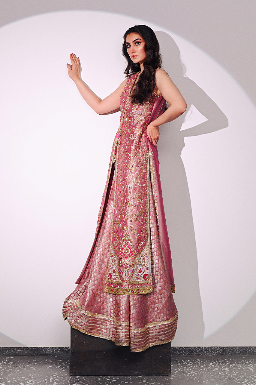 Pakistani Rose Gold Embroidered Tissue & Brocade Sharara (2-Piece) - Image 1