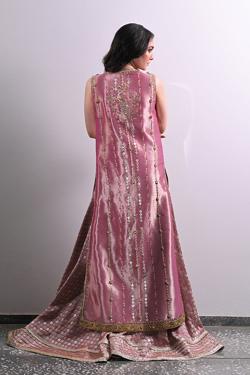 Pakistani Rose Gold Embroidered Tissue & Brocade Sharara (2-Piece) - Image 3