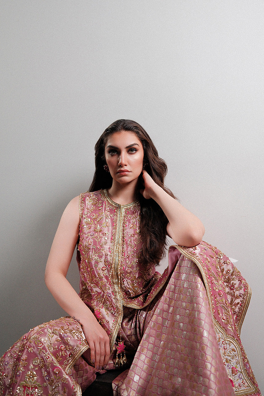 Pakistani Rose Gold Embroidered Tissue & Brocade Sharara (2-Piece) - Image 4