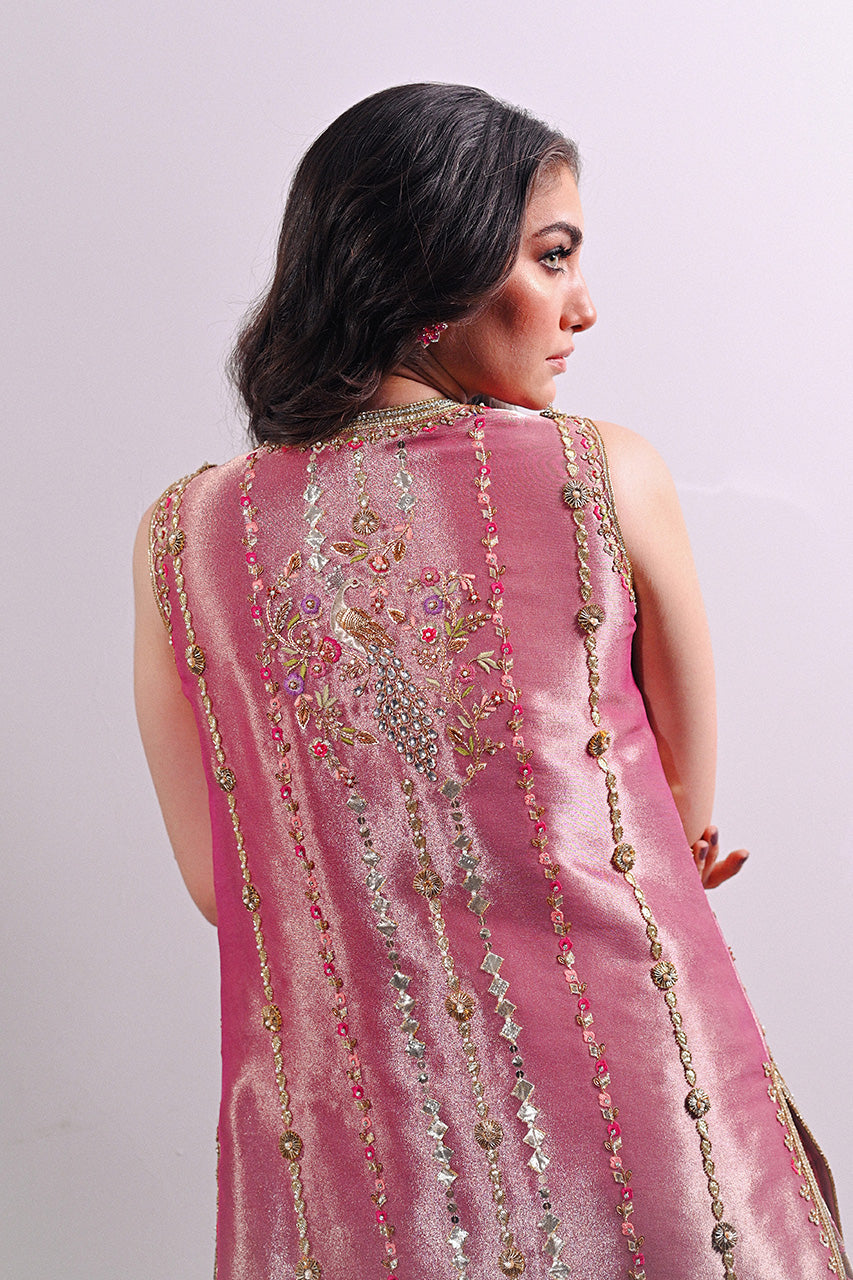 Pakistani Rose Gold Embroidered Tissue & Brocade Sharara (2-Piece) - Image 7