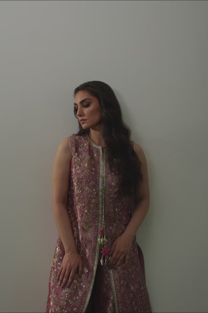 Pakistani Rose Gold Embroidered Tissue & Brocade Sharara (2-Piece) - Image 8