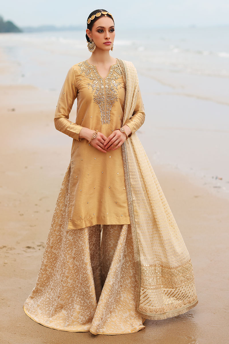 Gold Dabka & Bekti Tissue Sharara (3-Piece) - Image 1