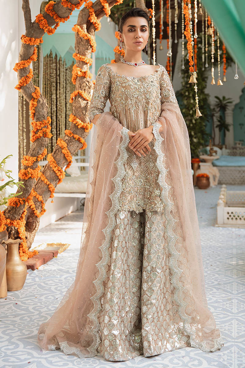 Rose Gold Hand-Embroidered Tissue Sharara (3-Piece) - Image 1