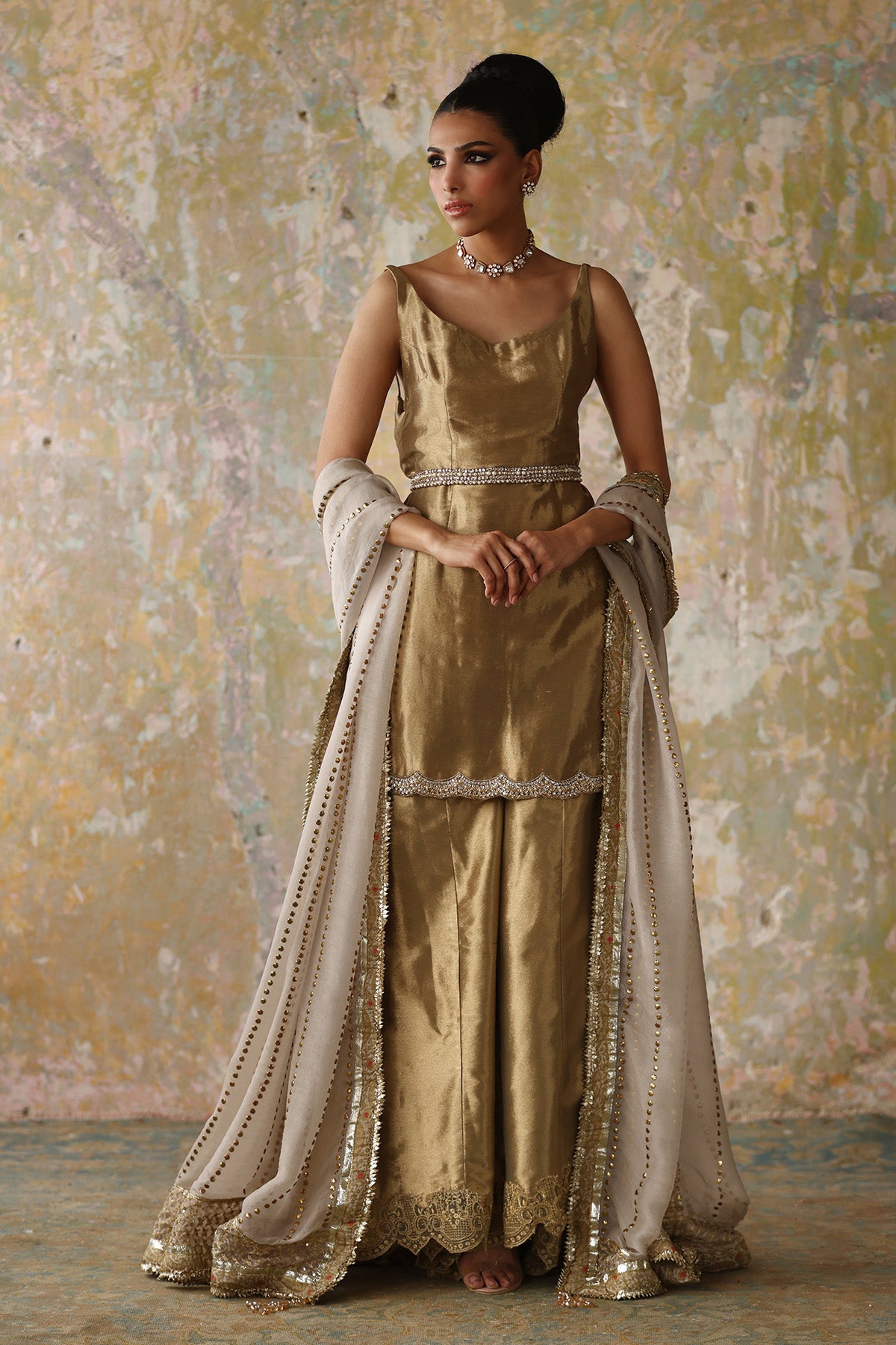 Pakistani Golden Pearl & Mukesh Tissue Sharara (3-Piece) - Image 1