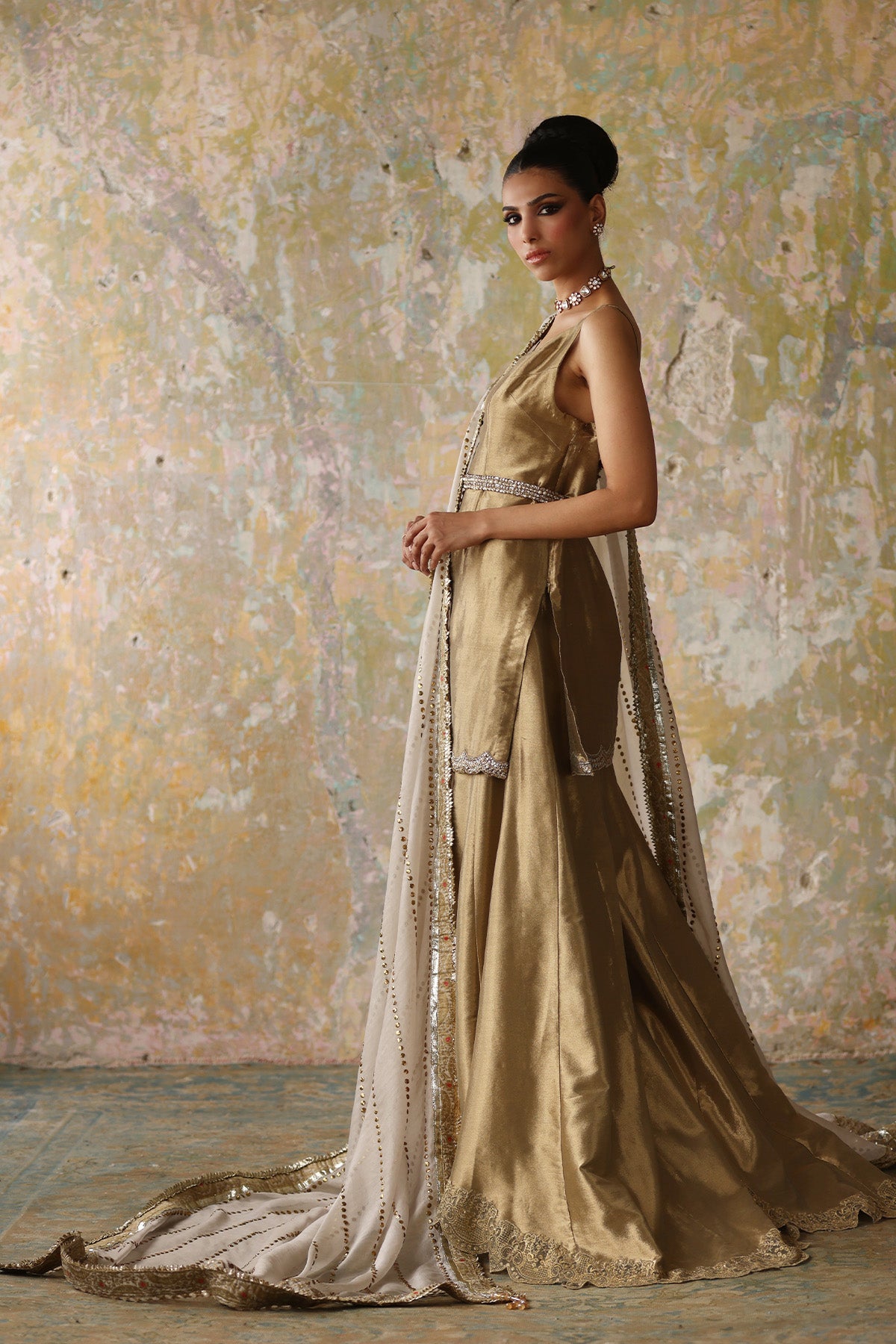 Pakistani Golden Pearl & Mukesh Tissue Sharara (3-Piece) - Image 2