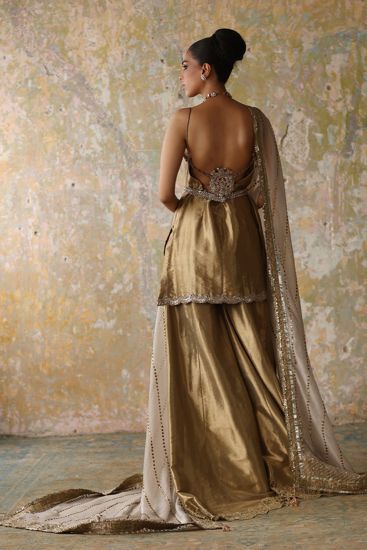 Pakistani Golden Pearl & Mukesh Tissue Sharara (3-Piece) - Image 3