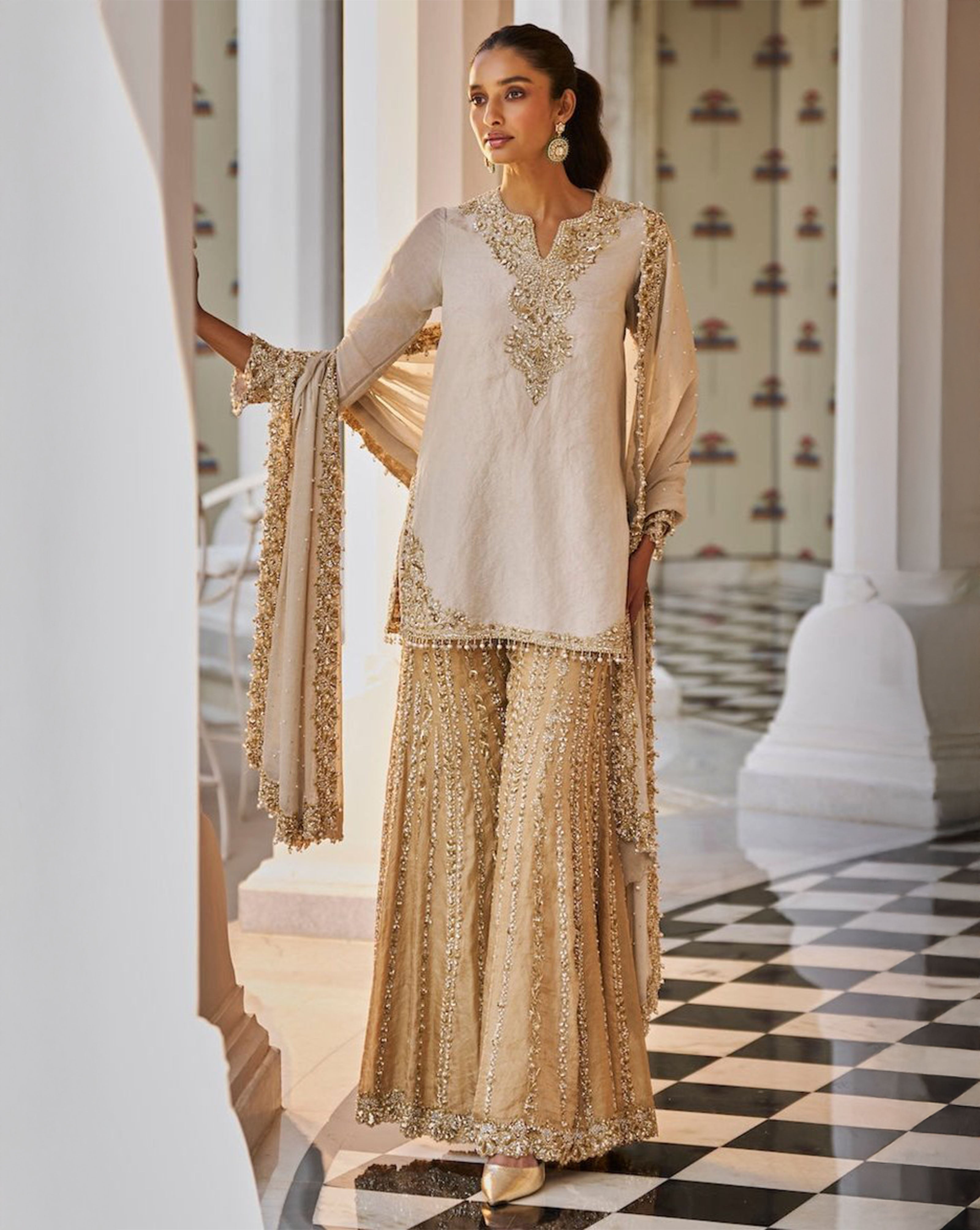 Silver Gold Embroidered Tissue Silk Sharara Set (3-Piece) - Image 1