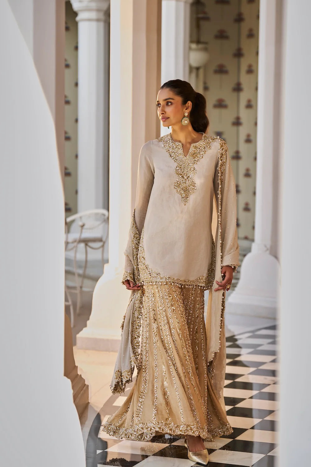 Silver Gold Embroidered Tissue Silk Sharara Set (3-Piece) - Image 3
