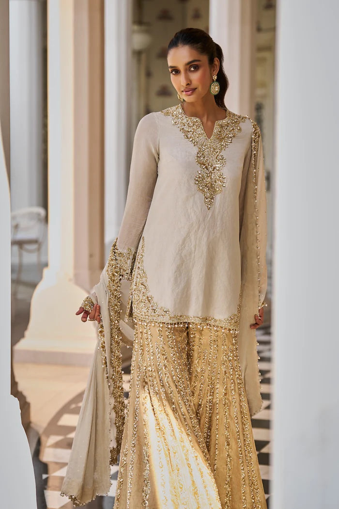 Silver Gold Embroidered Tissue Silk Sharara Set (3-Piece) - Image 4