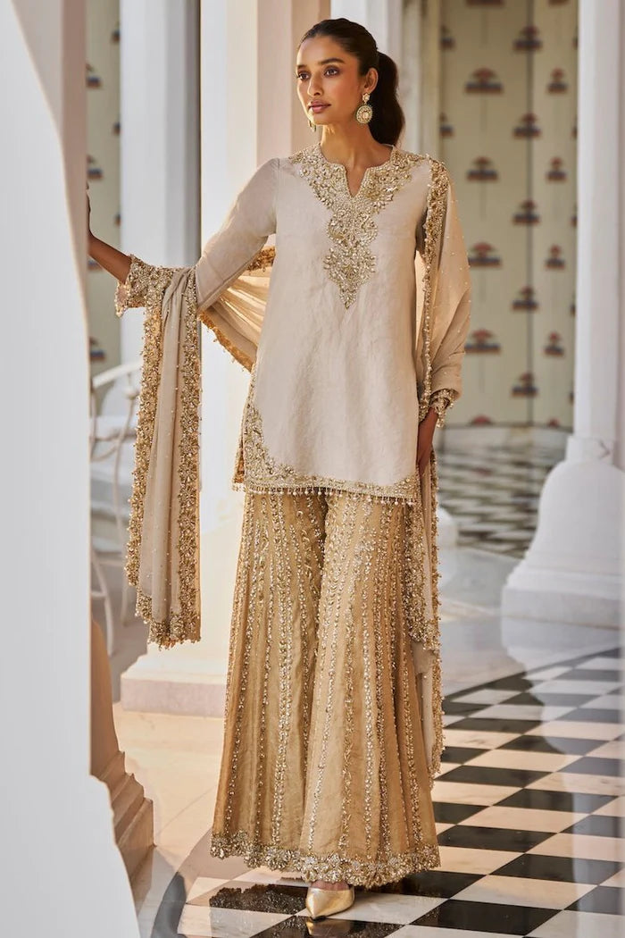 Silver Gold Embroidered Tissue Silk Sharara Set (3-Piece) - Image 5