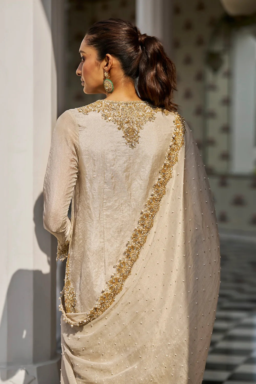 Silver Gold Embroidered Tissue Silk Sharara Set (3-Piece) - Image 6
