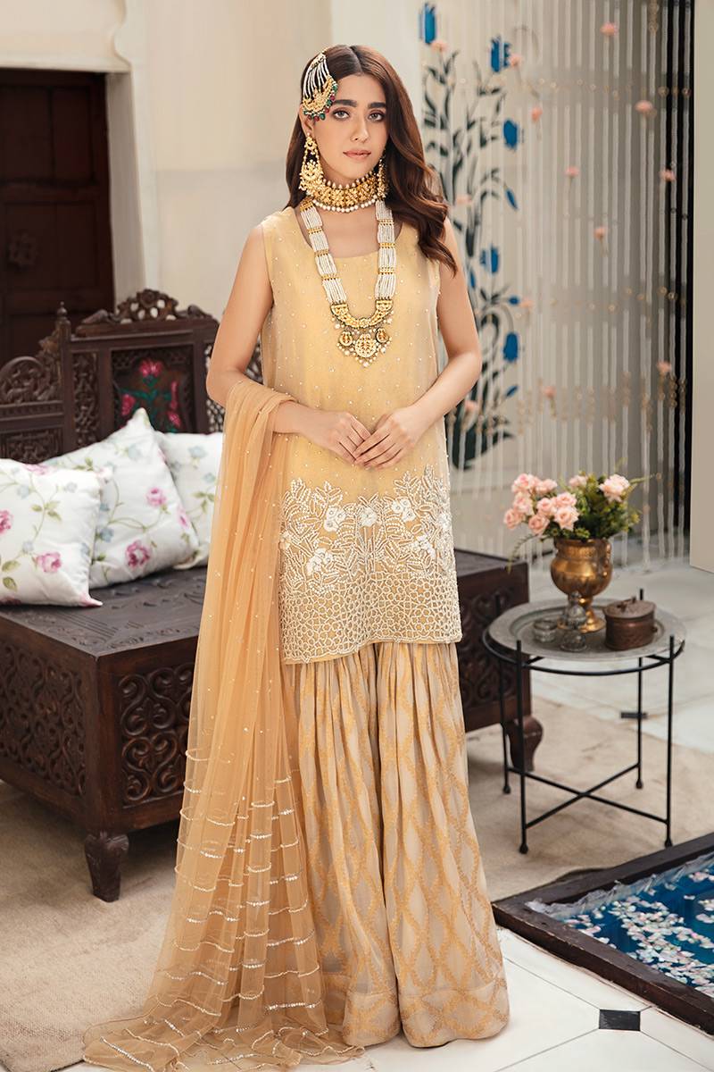 Pakistani Gold Embellished Tissue Sharara Set (3-Piece) - Image 1
