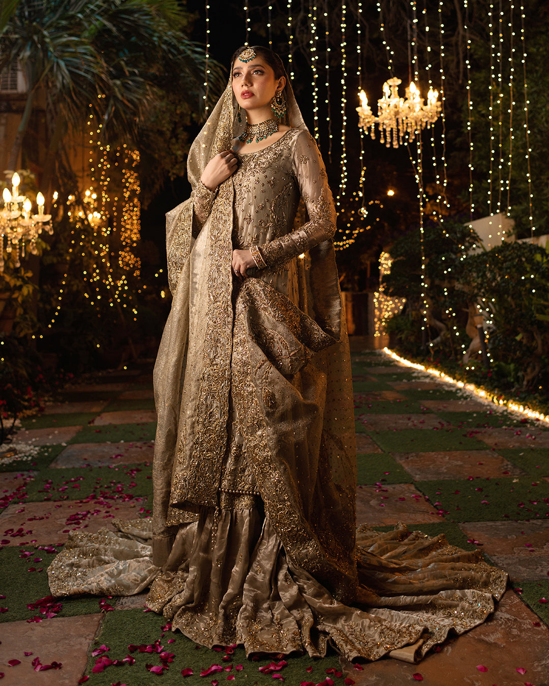 Antique Gold Hand-Embellished Tissue Sharara (3-Piece) - Image 1