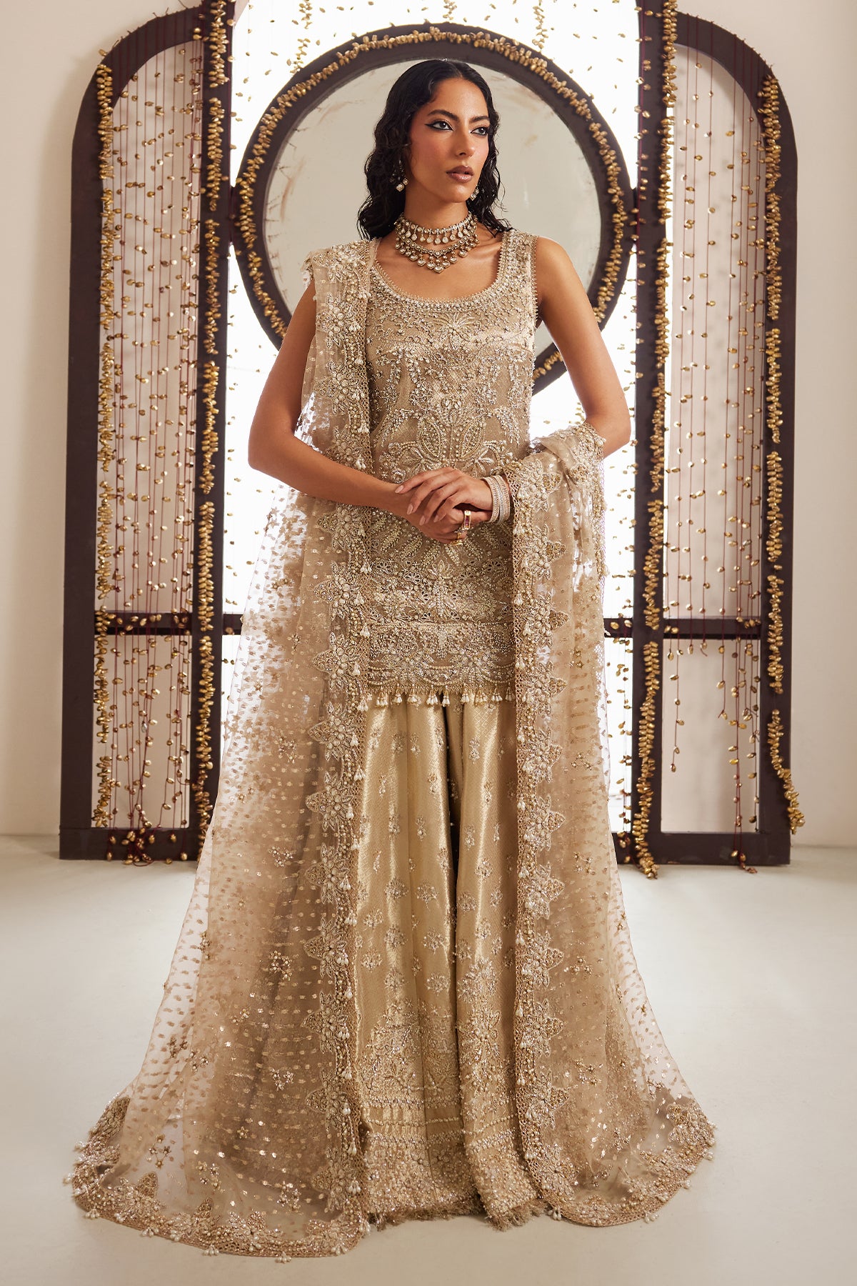 Indian Gold Zardozi Tissue Sharara Dress (3-Piece) - Image 1