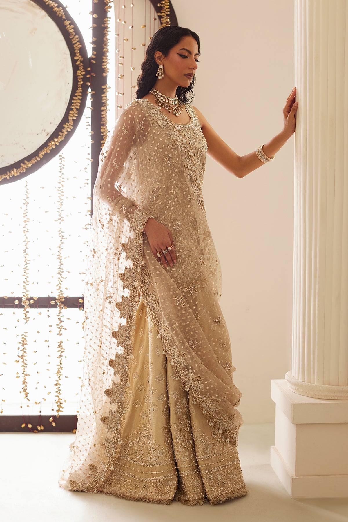 Indian Gold Zardozi Tissue Sharara Dress (3-Piece) - Image 10
