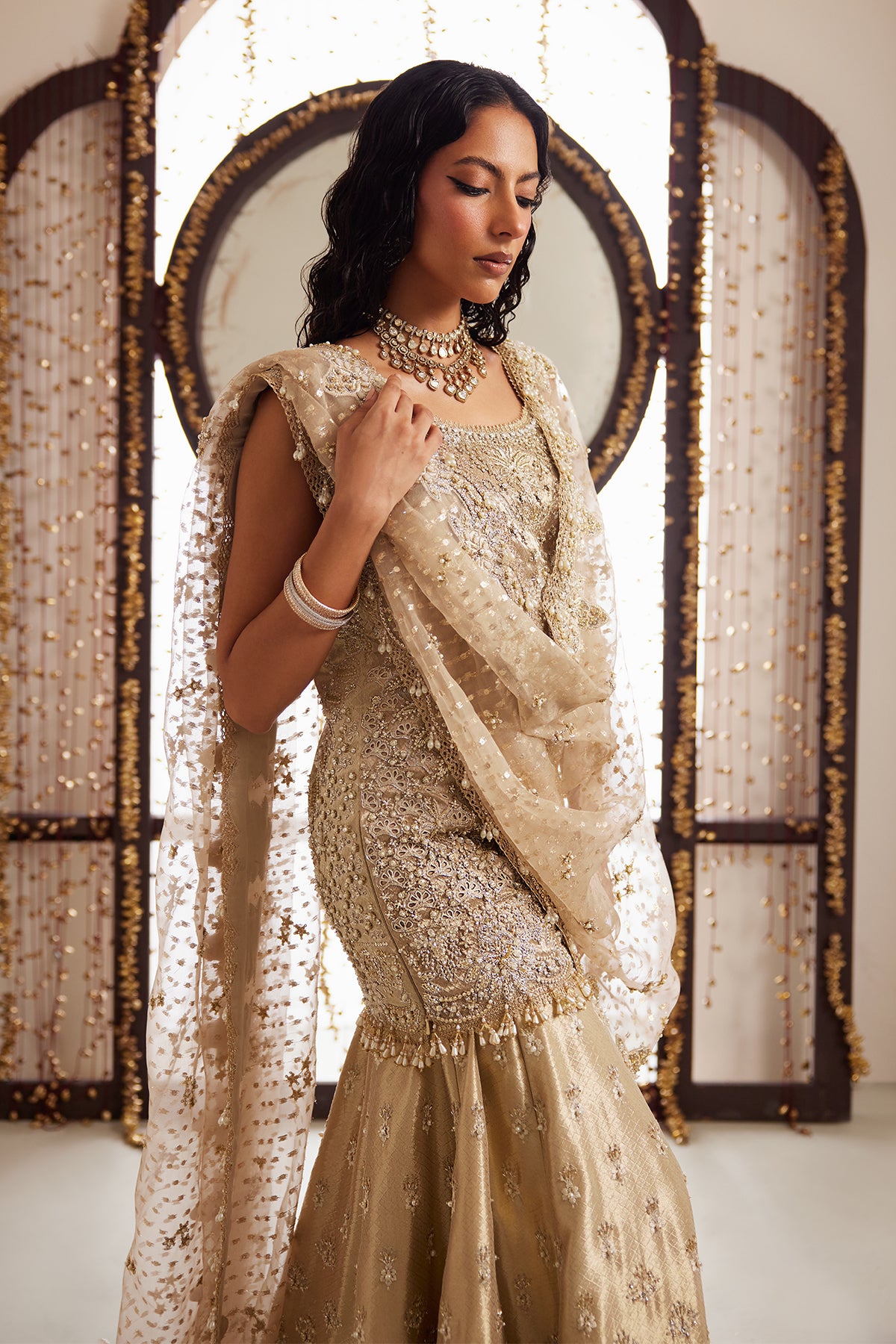 Indian Gold Zardozi Tissue Sharara Dress (3-Piece) - Image 5