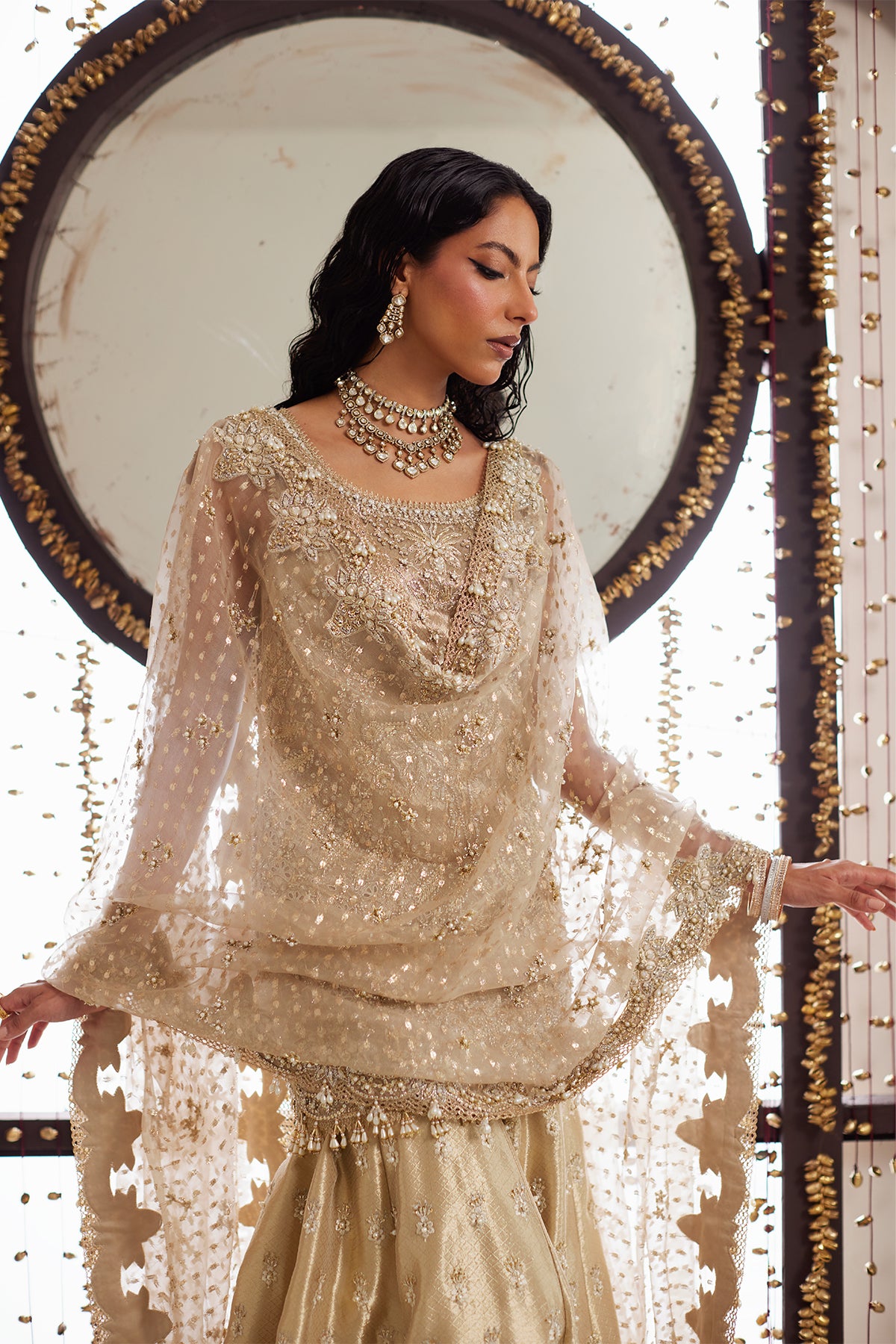 Indian Gold Zardozi Tissue Sharara Dress (3-Piece) - Image 6