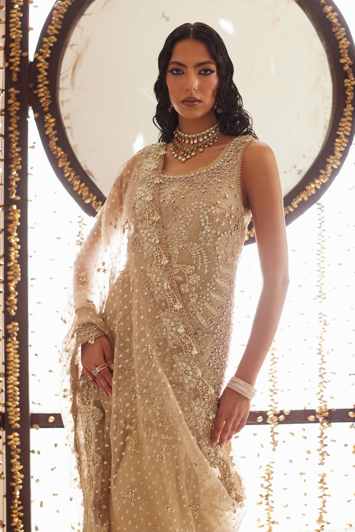 Indian Gold Zardozi Tissue Sharara Dress (3-Piece) - Image 7