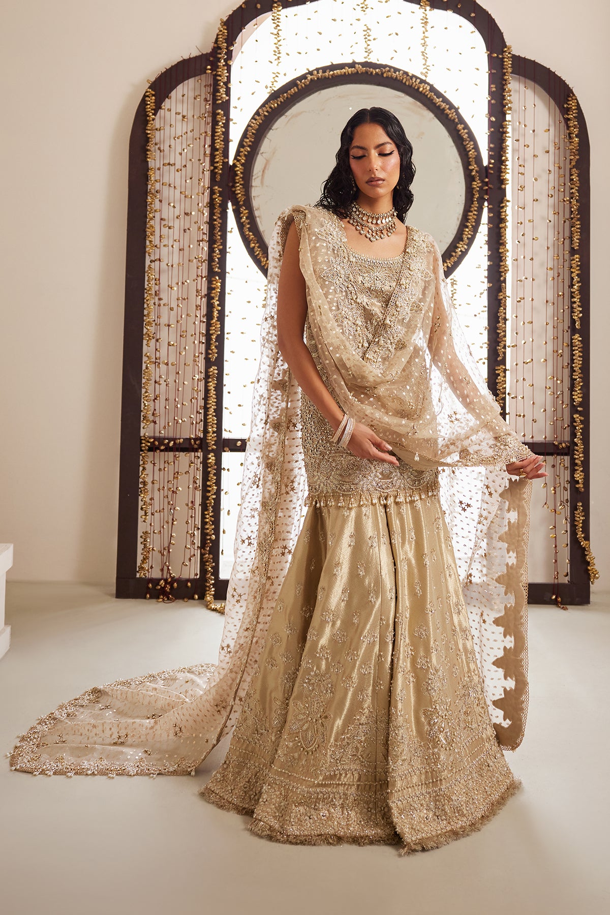 Indian Gold Zardozi Tissue Sharara Dress (3-Piece) - Image 9