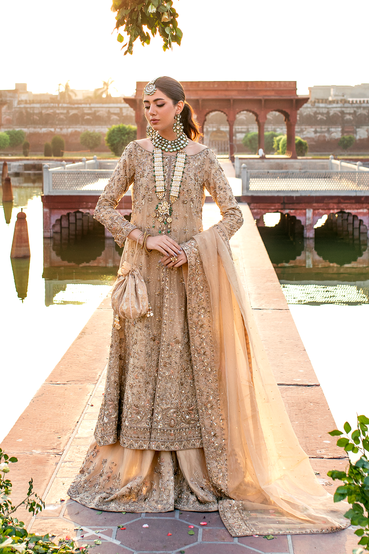 Pakistani Gold Embellished Tissue Bridal Sharara (3-Piece) - Image 3
