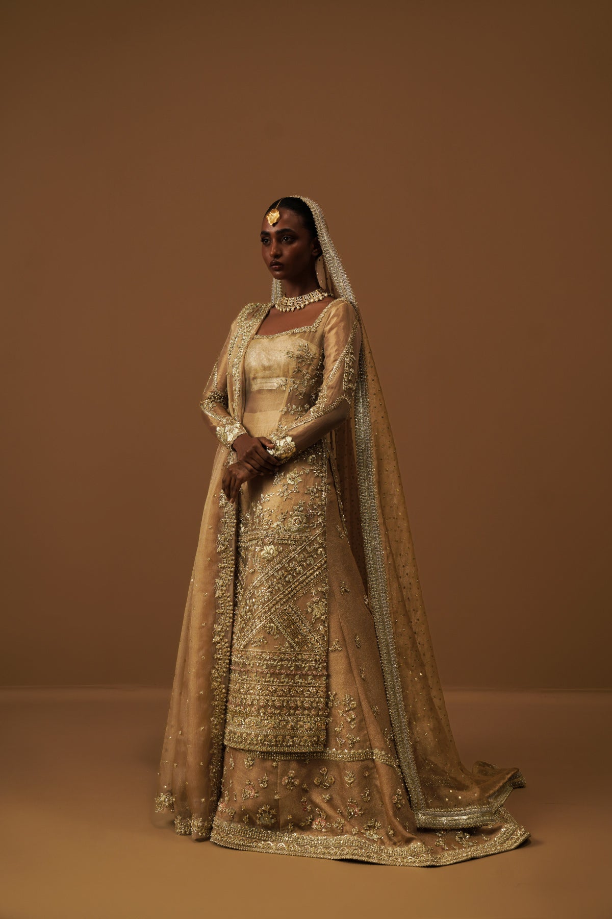 Pakistani Gold Zardozi Tissue Bridal Sharara (3-Piece) - Image 3