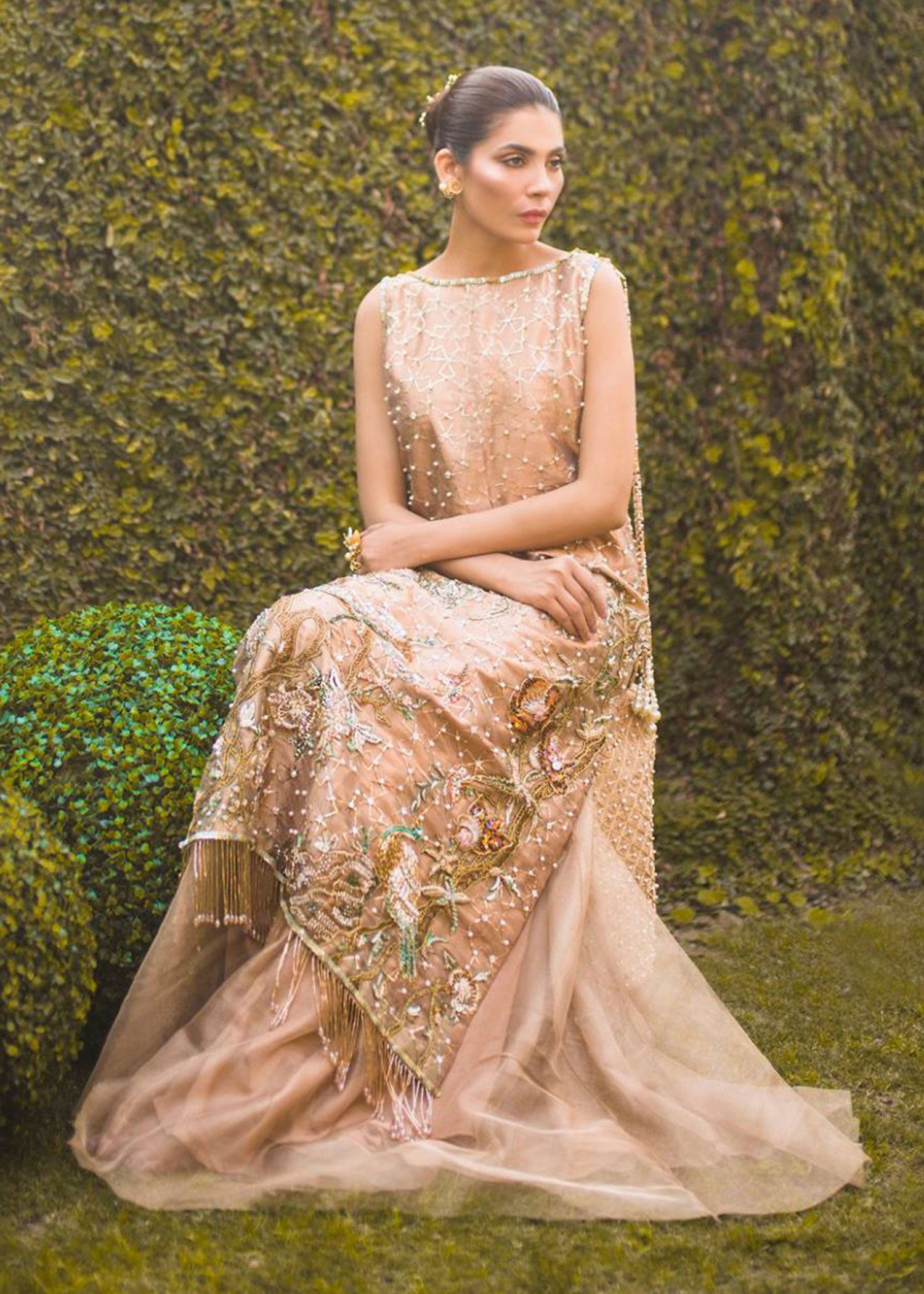 Pakistani Rose Gold Embroidered Tissue & Zari Net Sharara (2-Piece) - Image 2