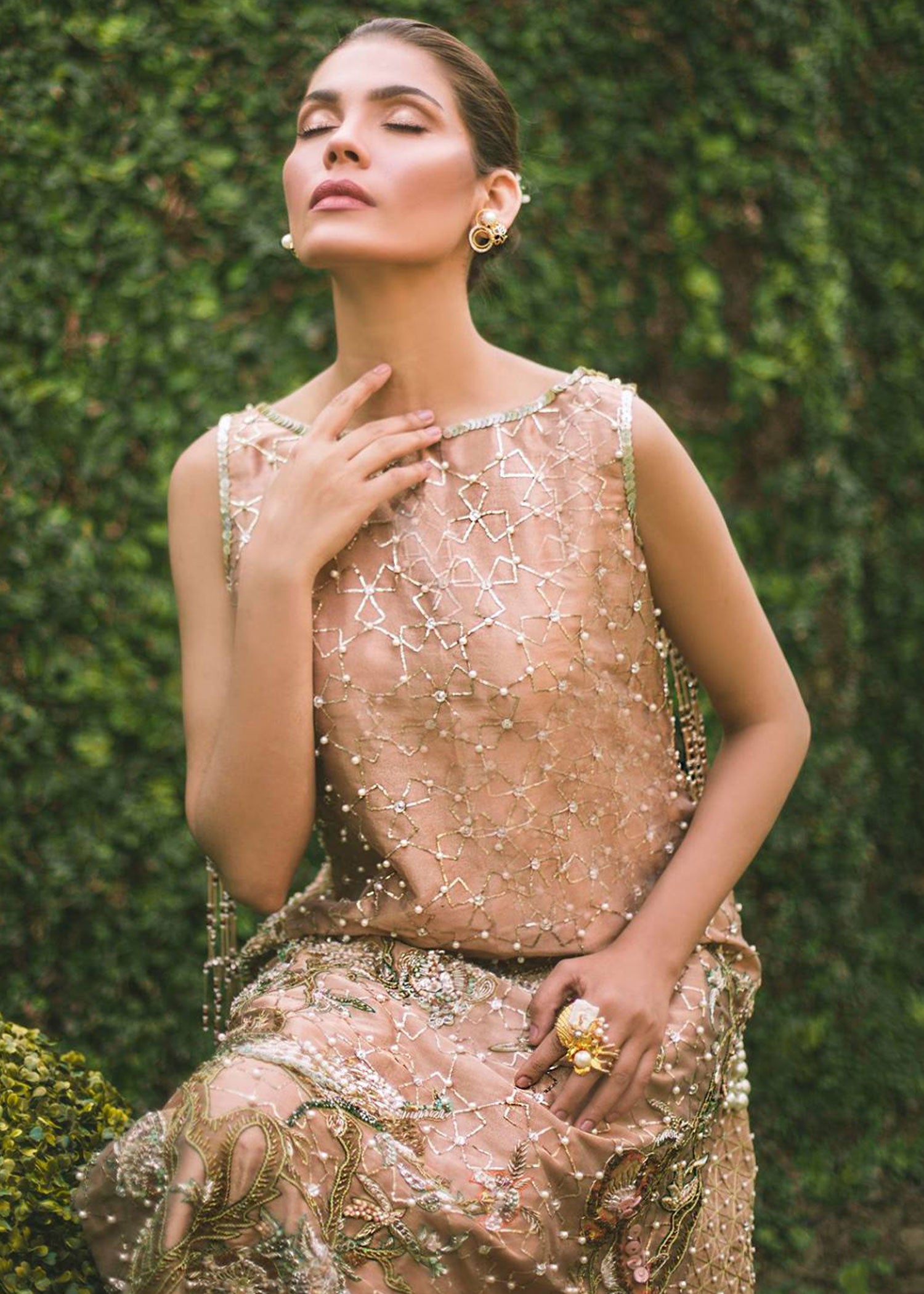 Pakistani Rose Gold Embroidered Tissue & Zari Net Sharara (2-Piece) - Image 4