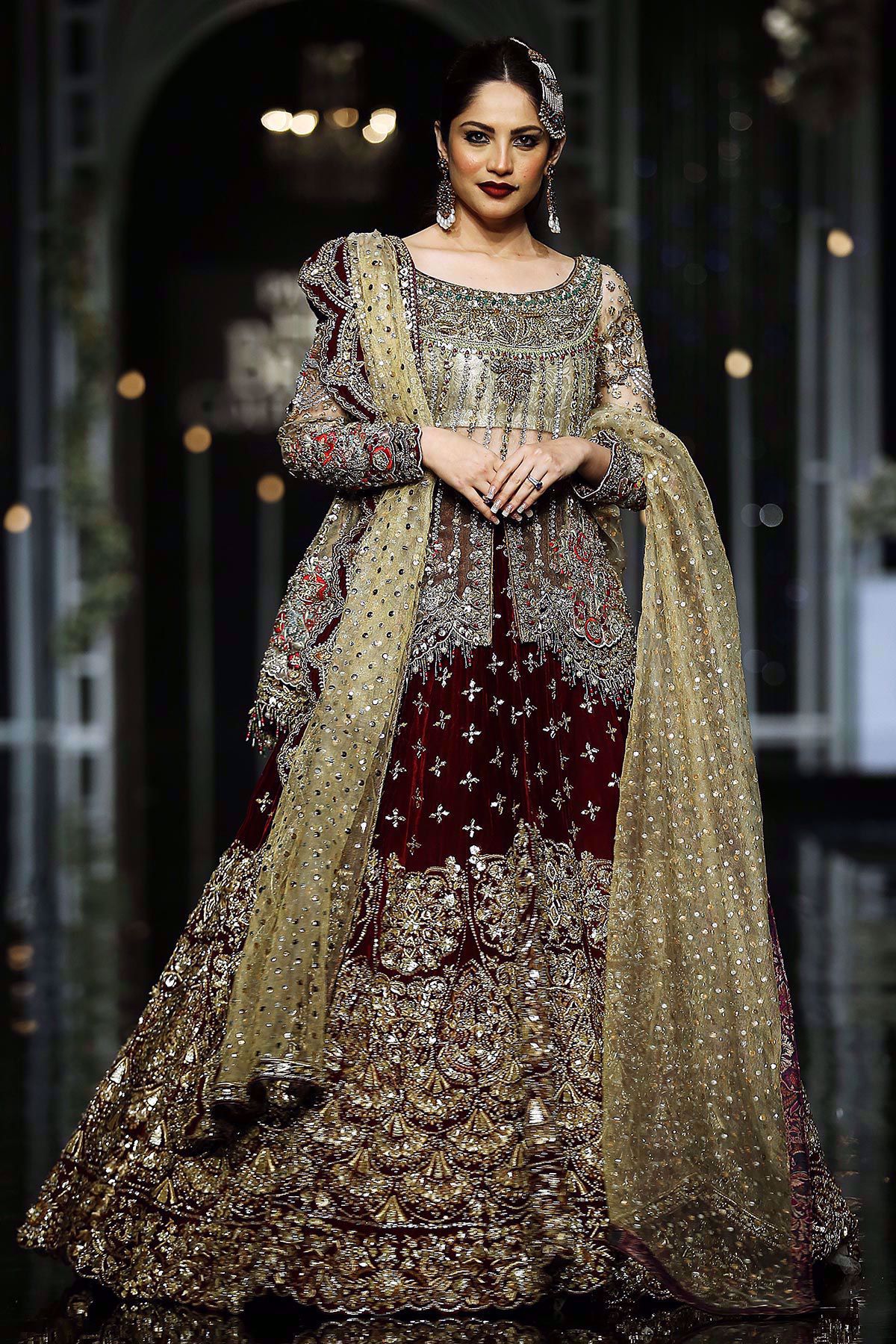 Pakistani Antique Gold Embroidered Peplum with Maroon Velvet Sharara (3-Piece) - Image 1