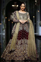 Pakistani Antique Gold Embroidered Peplum with Maroon Velvet Sharara (3-Piece) - Image 2